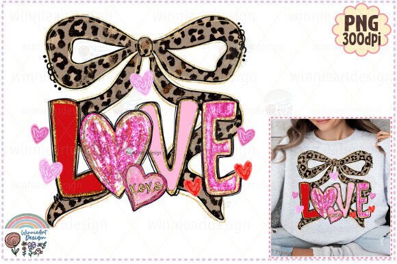 Love Glitter Valentine Leopard Bow PNG T-Shirt Graphics